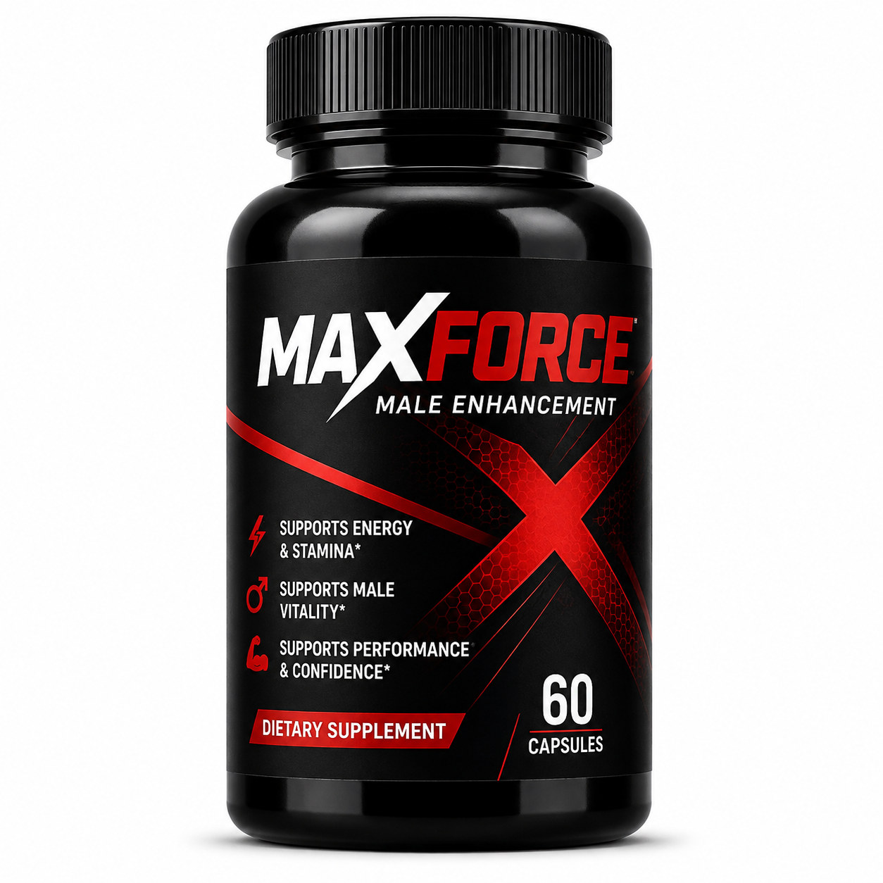 MaxForce Male Enhancement supplement bottle with 60 capsules